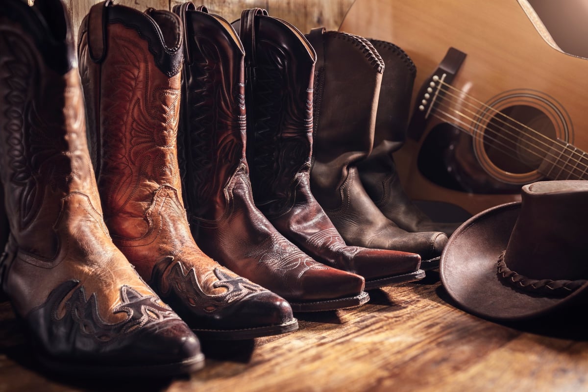 Country music festival live concert concept with acoustic guitar, cowboy hat and three pairs of boots background