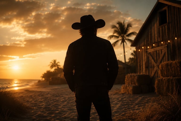 Silhouette of a cowboy standing on a beach at sunset with palm trees