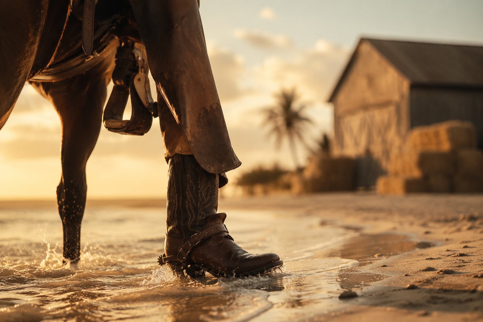 Person in boots wading through shallow beach water at sunset with a house and palm tree visible in the background