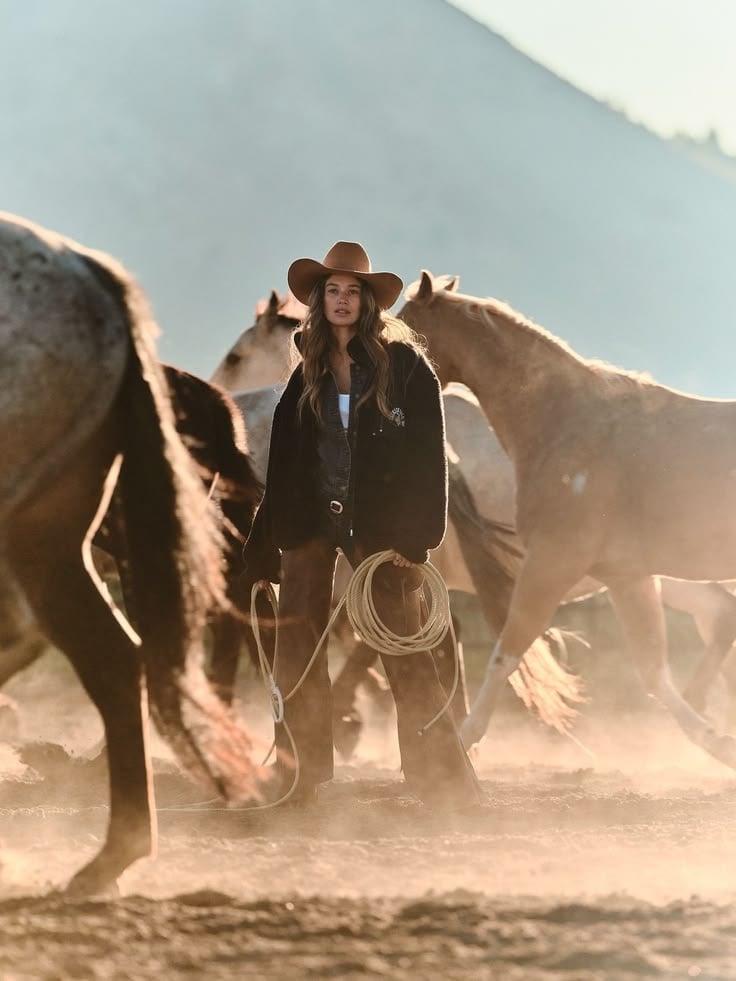 Cowgirl in brown hat and jacket holding rope surrounded by horses in dusty desert landscape