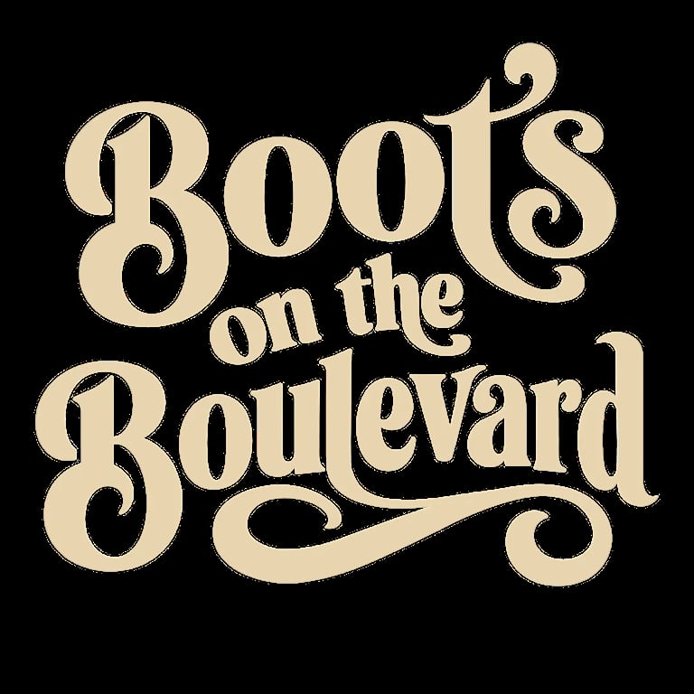Boots on the Boulevard text logo in cream and tan vintage-style lettering on black background