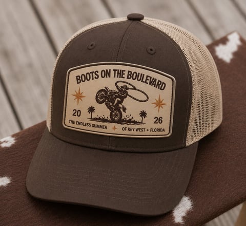 Brown and tan trucker cap with Boots on the Boulevard patch featuring a cowboy and palm trees, Key West Florida design