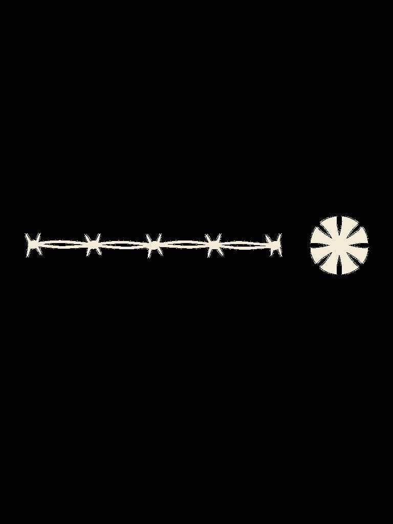 Barbed wire fence line with a wagon wheel icon on the right, isolated on black background